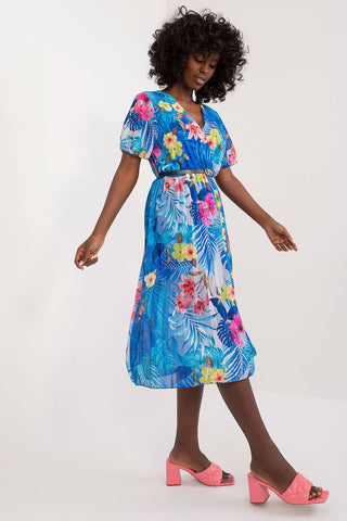Summer floral dress with flared cut and envelope neckline.