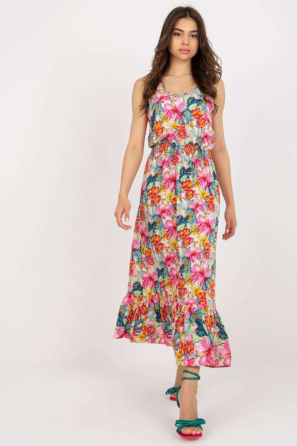 Summer floral dress with heart neckline and ruffle hem.