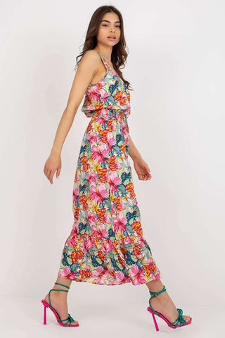 Summer floral dress with heart neckline and ruffle hem.