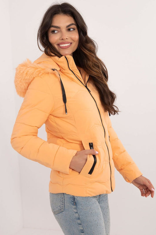 Women's winter jacket with synthetic down, zipper closure, detachable hood, and side zippered pockets.