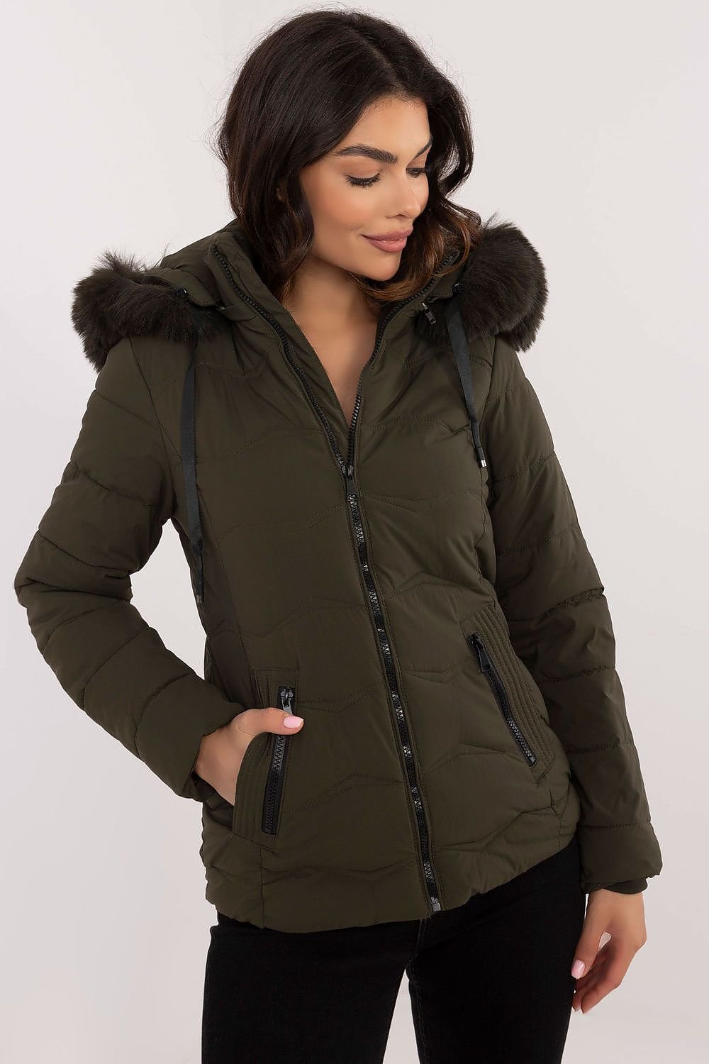 Women’s Winter Jacket with hood, synthetic down fill, and zipper closure in olive green.