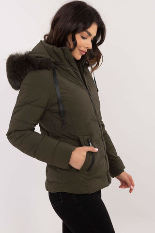 Women’s Winter Jacket with hood and zippered pockets, quilted design, polyester, ideal for cold weather.