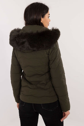 Women’s winter jacket with hood, quilted design, short length, olive green, rear view.
