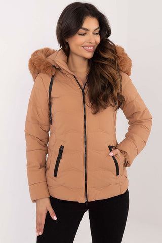 Women’s winter jacket, polyester quilted design with hood, zipper closure, side pockets.