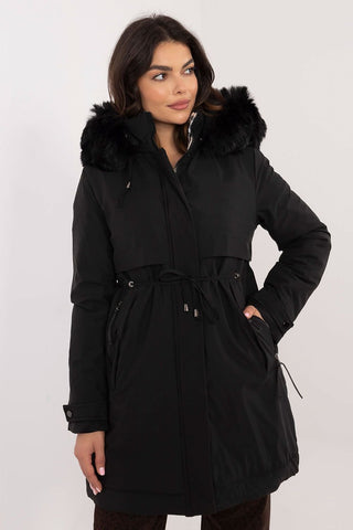 Transitional jacket with quilted design, detachable fur, and waist belt; perfect for cold weather.
