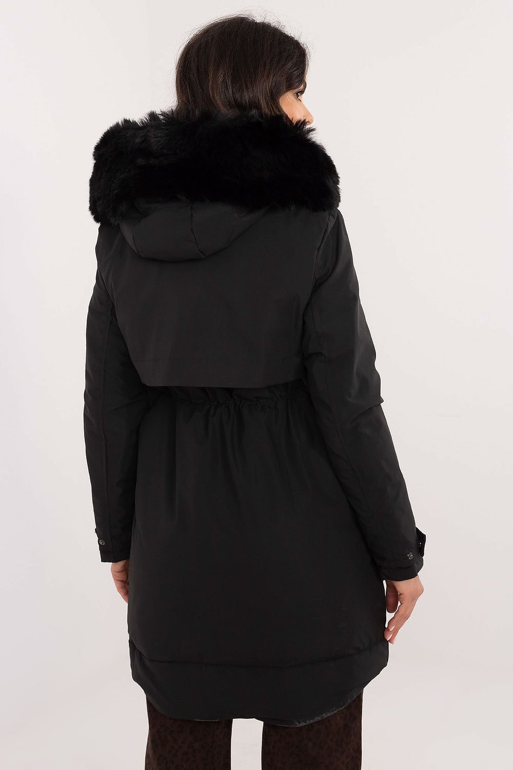 Transitional jacket with detachable fur hood and waist belt, back view.