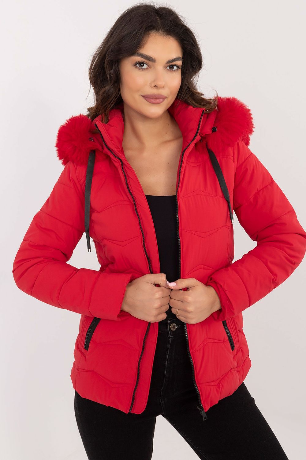 Women’s winter jacket with quilted design, red color, hood with fur trim.