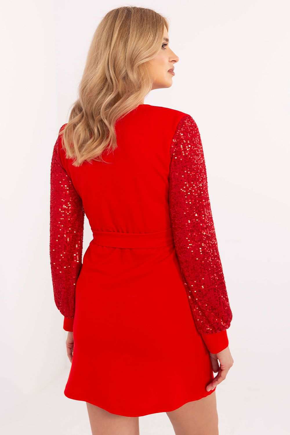Short red dress with sequin long sleeves, wrap neckline, and waist tie.