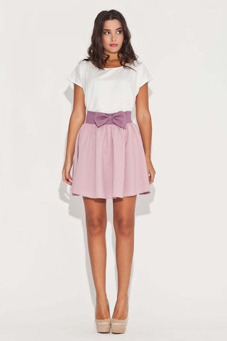 Flared skirt with contrasting belt and girlish bow, mini length.