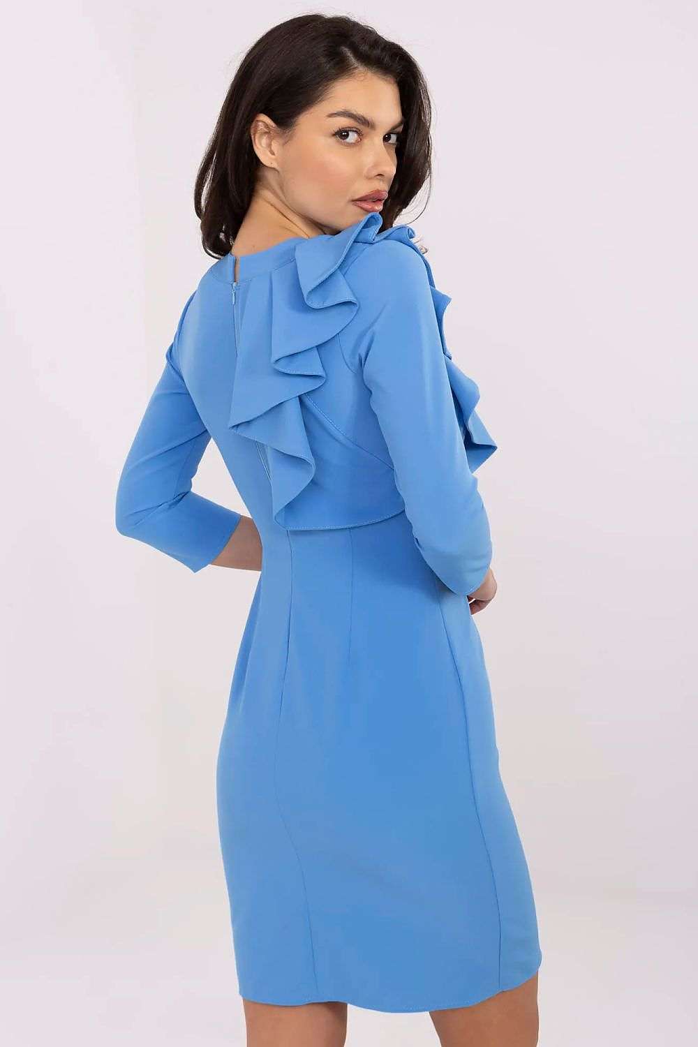 Women's blue cocktail dress with 3/4 sleeves and decorative frill.