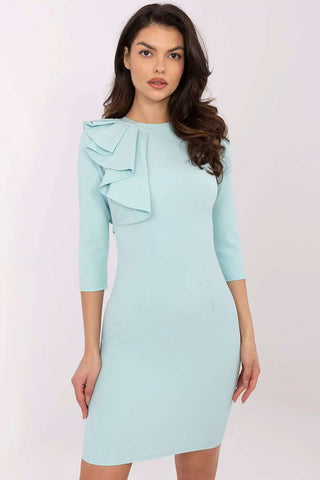 Fitted women's cocktail dress with 3/4 sleeves and shoulder frill.