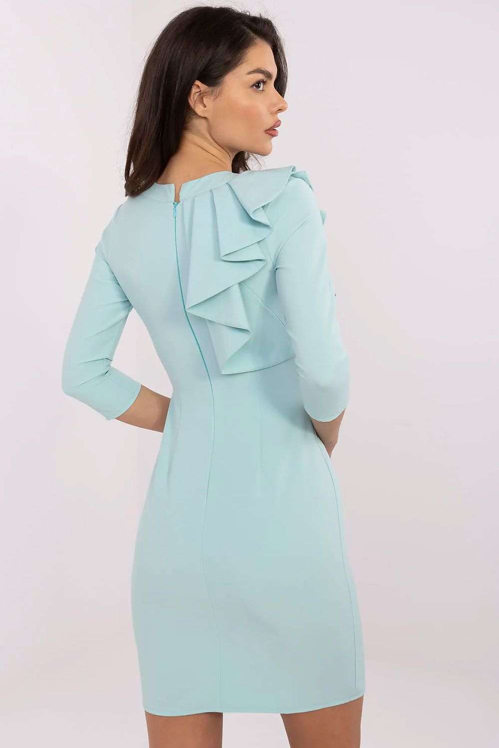 Women's fitted cocktail dress with 3/4 sleeves and decorative frill.