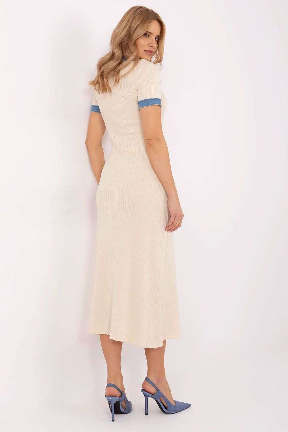 Pencil Women’s Midi Dress with sweetheart neckline and short sleeves, back view.