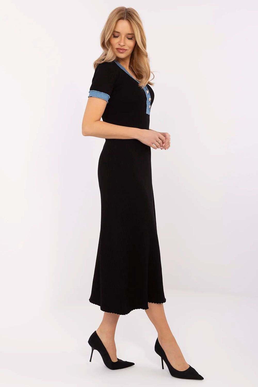 Pencil Women’s Midi Dress in black with short sleeves and sweetheart neckline, side view.