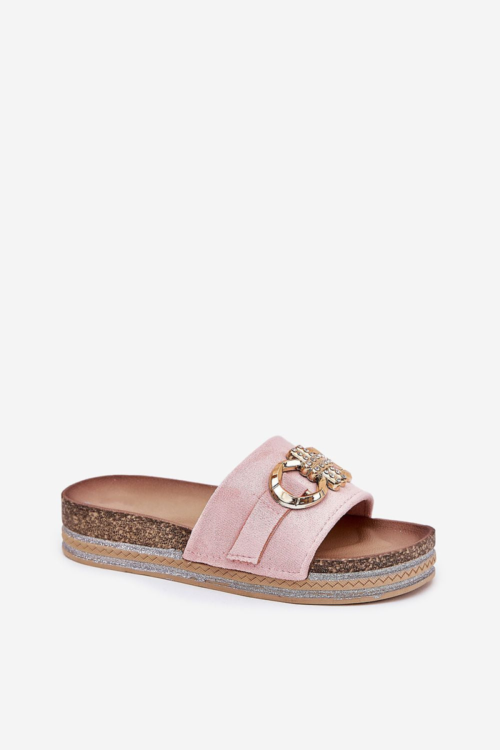 Pink flip-flops with ecological suede and gold embellishment on a sequined platform.