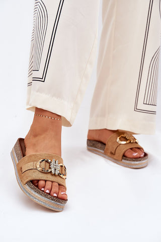 Pink flip-flops with gold embellishment, sequined platform, made from ecological suede.