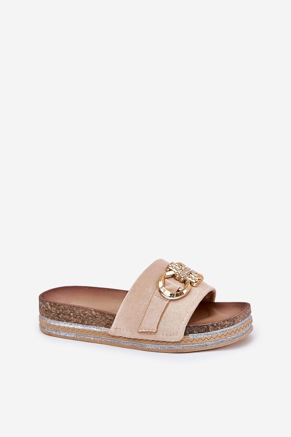 Pink flip-flops with gold embellishment and sequined platform, made of eco-friendly suede.