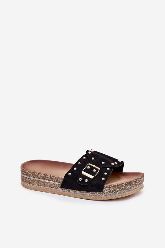 Women's summer flip-flops with eco suede, studded buckle, and sequin platform.