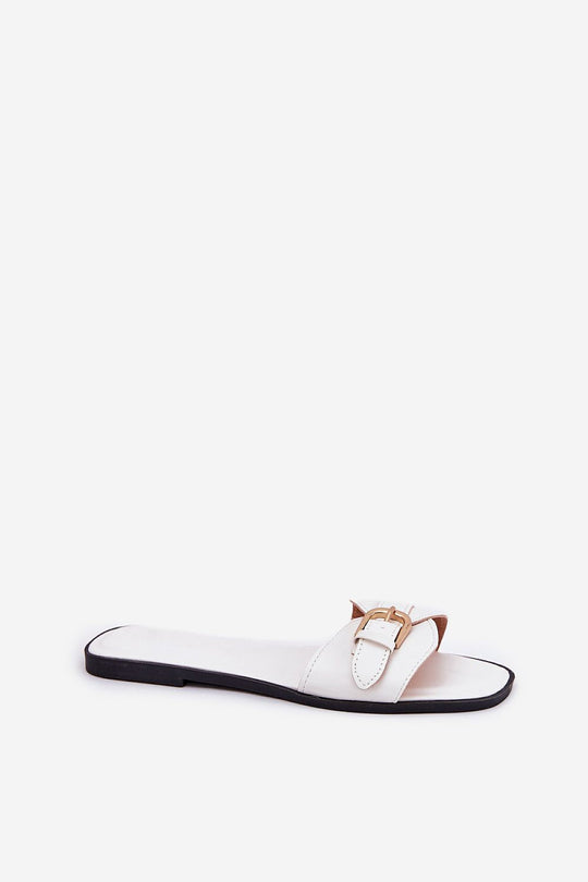 Women’s white flip-flops with gold buckle on eco-friendly leather strap.