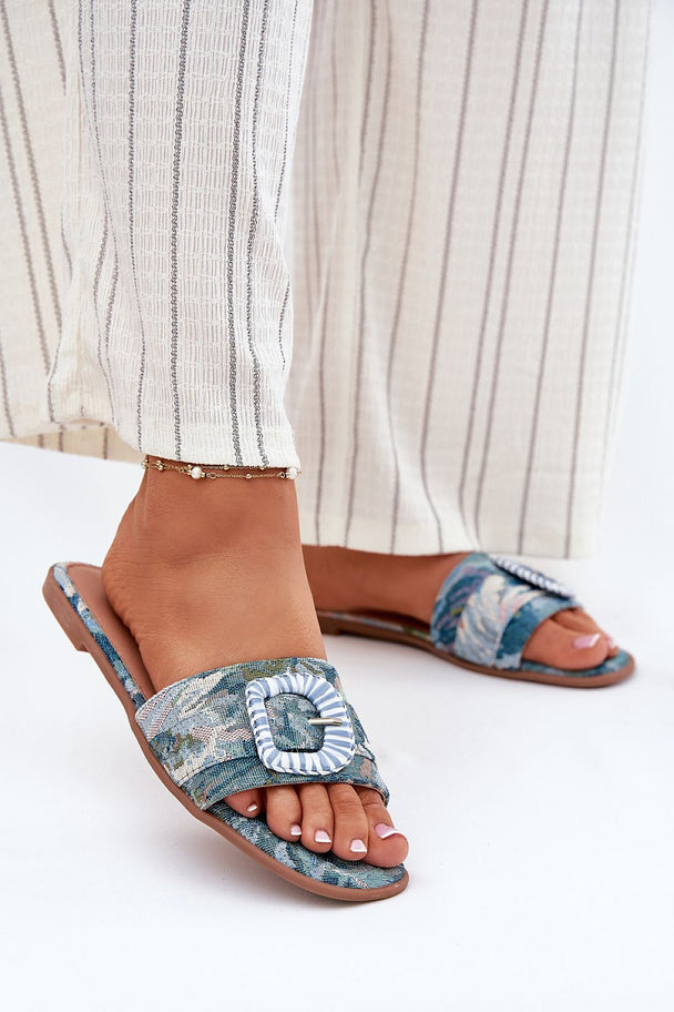 Flat women's sandals with decorative buckle and textile upper for summer wear