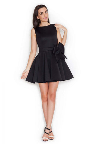 Women’s short dress with wide straps, bow accent, fitted top, and flared bottom.