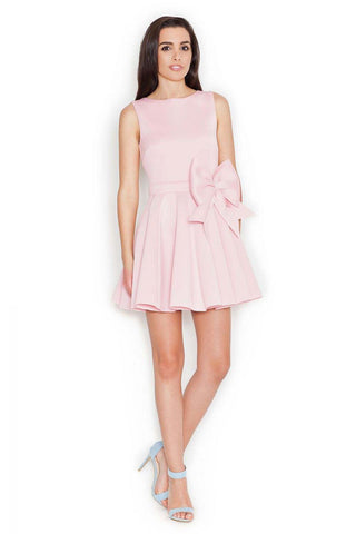 Women's short dress with wide straps, side bow, fitted top, and flared bottom.