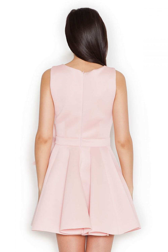 Women’s short dress with wide straps, flared bottom, and covered zipper in light pink.