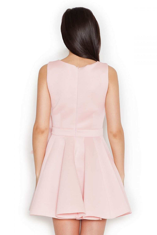 Women’s short dress with wide straps, flared bottom, and covered zipper in light pink.