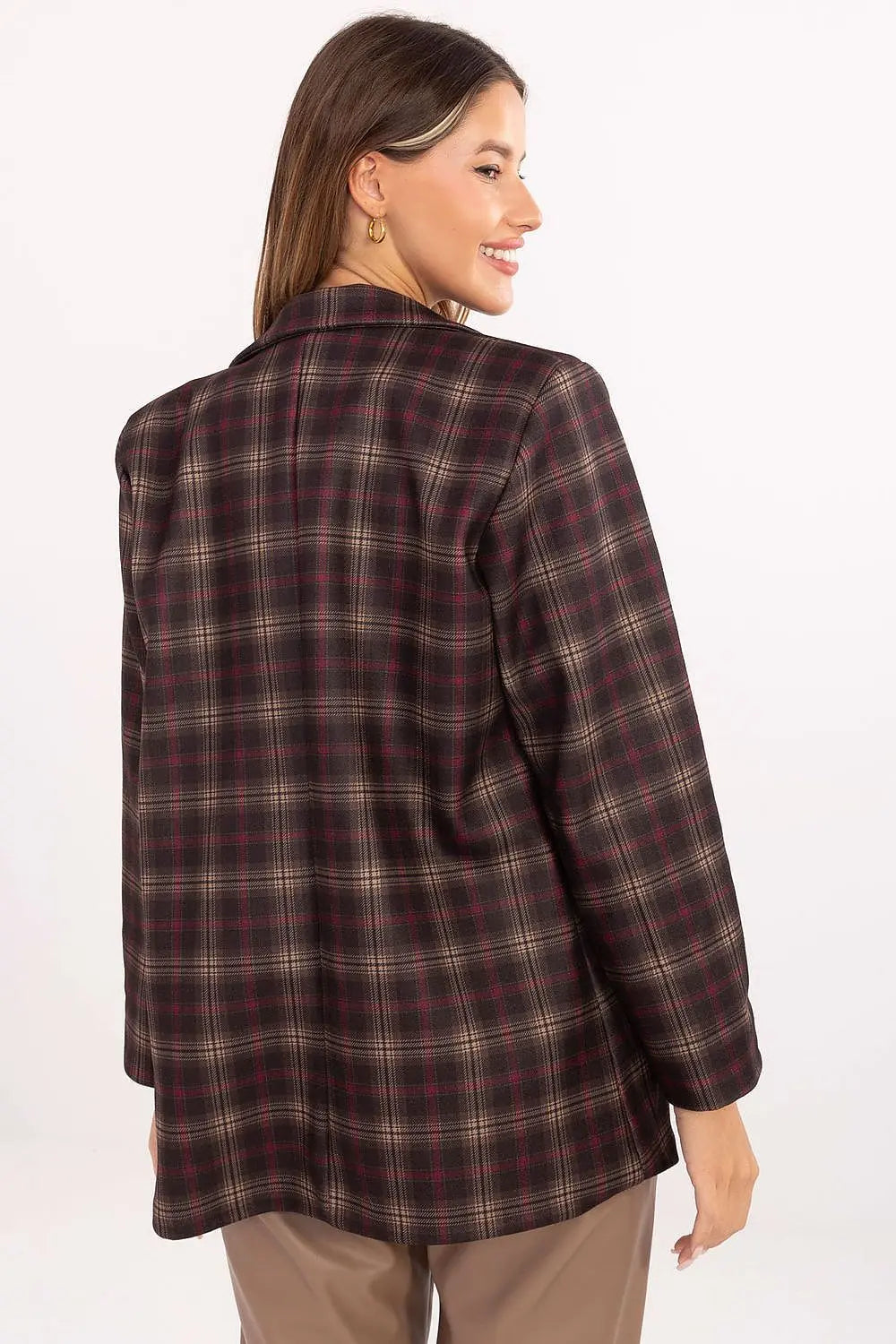 Back view of woman wearing stylish women's checked blazer with classic checkered pattern and shoulder pads