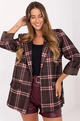 Women’s checked blazer in brown and burgundy with long sleeves and button closure
