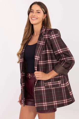 woman wearing stylish women's checked blazer with buttoned front and long sleeves