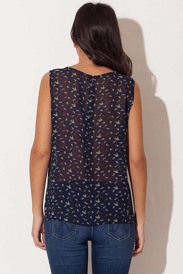 chiffon blouse with round neckline and bird pattern