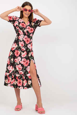 Women's summer floral dress with short sleeves, front buttons, bottom slit, and frill detail.