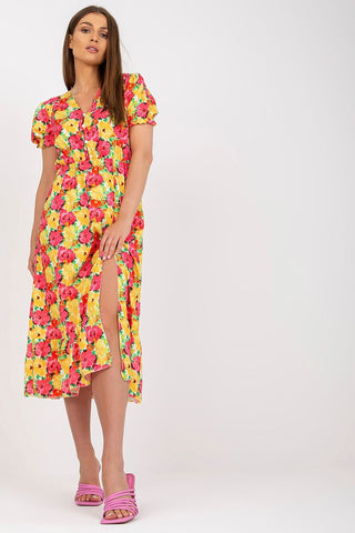 Women's summer floral dress with short sleeves, front buttons, and a bottom slit.