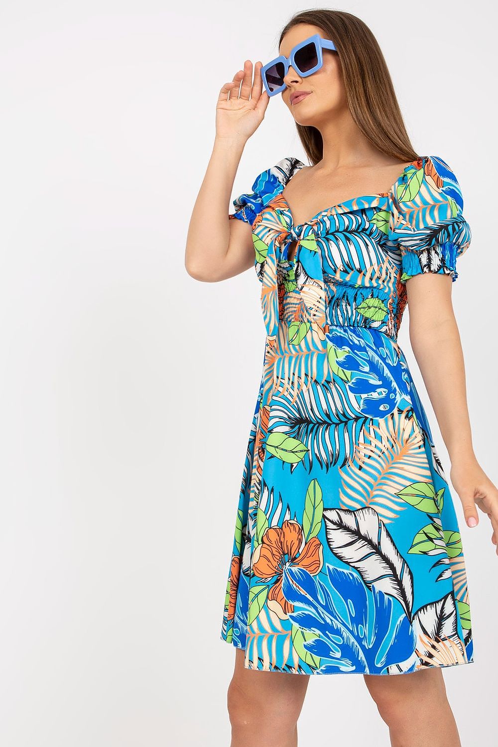 Floral dress with short sleeves and Spanish style neckline.