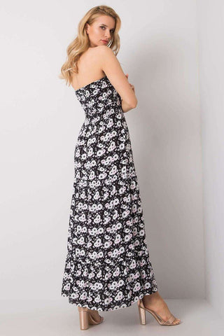 Long summer dress without straps, floral pattern, ruffle hem, breezy and comfortable style.