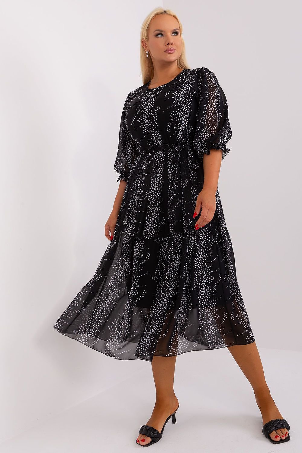 Plus size dress with 3/4 sleeves and round neckline, tie waist, ideal for various occasions.