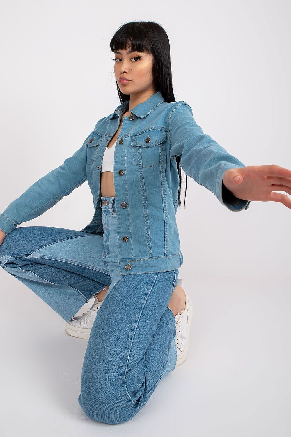 Light blue denim Jacket Rue Paris worn, versatile casual styling piece.