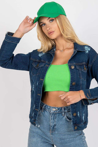 Classic blue shade jacket with holes, 97% cotton, styled for everyday wear.