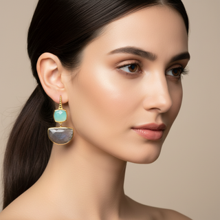Charis Halfmoon Double Gemstone Earrings Pariba Onyx & Labradorite Azuni London