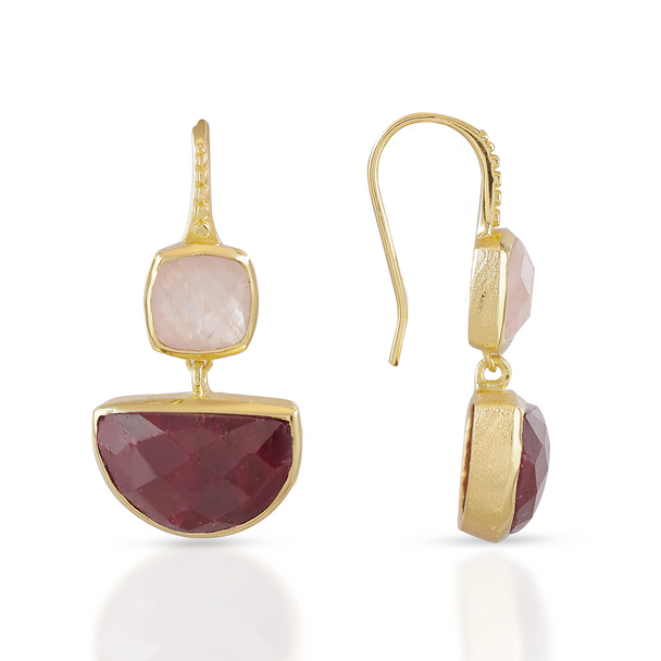 Charis Halfmoon Double Gemstone Earrings Rose Quart & Ruby Azuni London