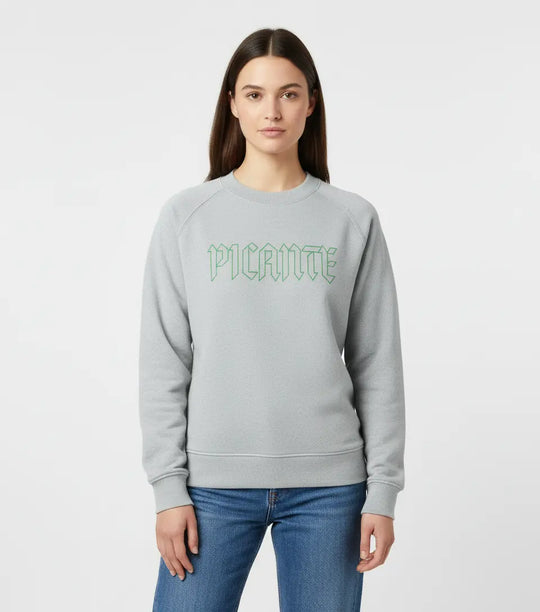 Unisex Picante Oversized Sweatshirt in grey with green logo, casual loose fit with ribbed cuffs and drop shoulders