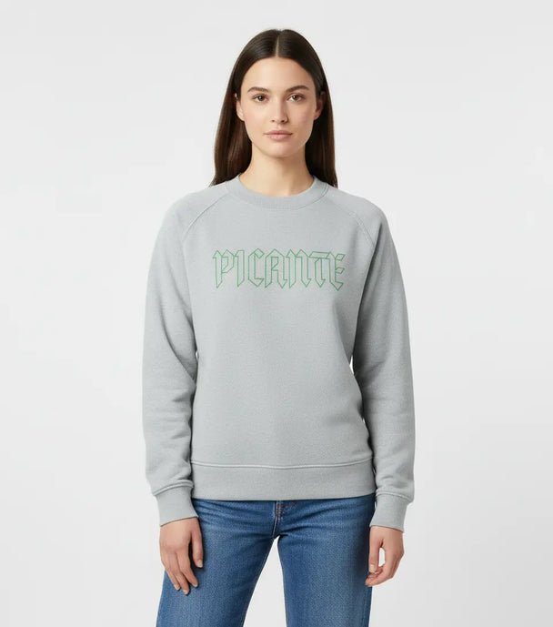 Unisex Picante Oversized Sweatshirt in grey with green logo, casual loose fit with ribbed cuffs and drop shoulders
