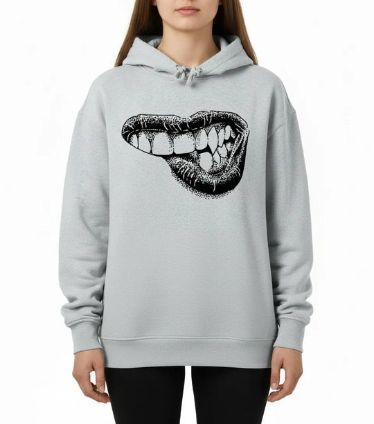 Lippy womens oversized grey boxy hoodie with graphic print and dropped shoulders