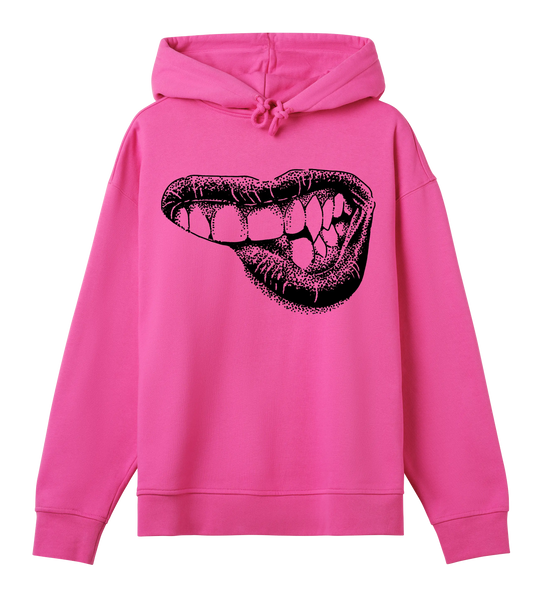 Lippy womens oversized hoodie in hyper pink with bold lip graphic and boxy fit