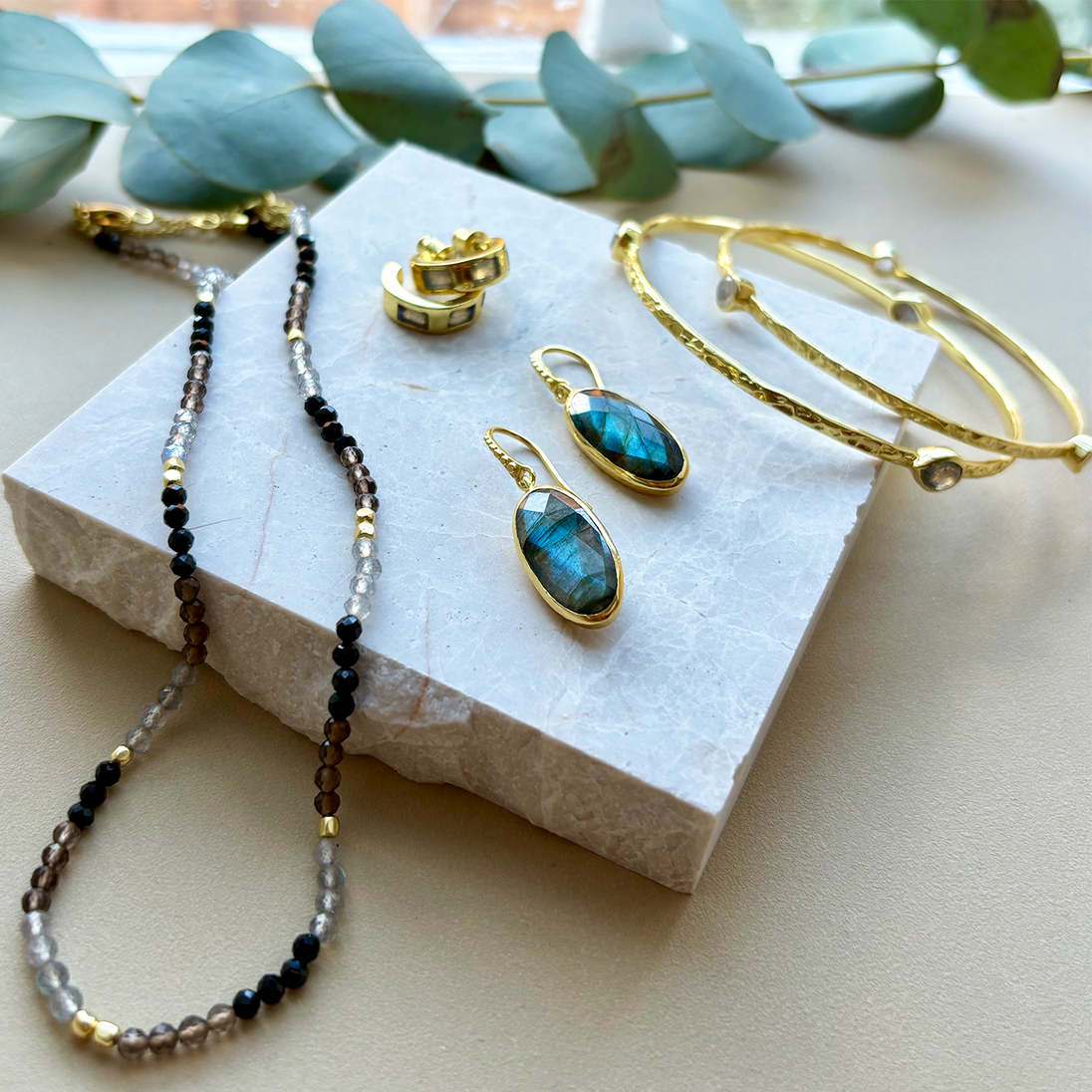 Thalia Three Stone Stacking Bangle Rainbow Moonstone Azuni London