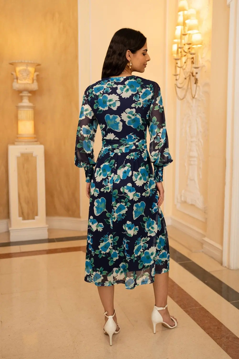 Yumi Blue Floral Mesh Wrap Dress With Long Sleeves Yumi