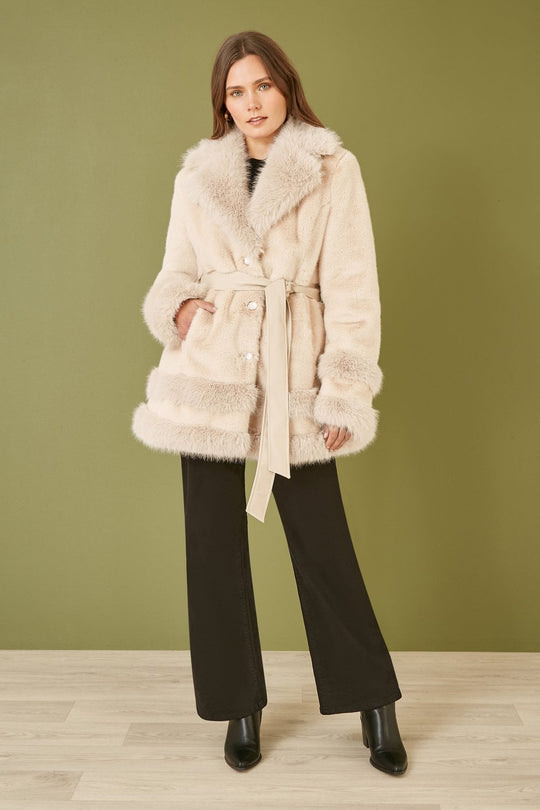 Cream Luxe Faux Fur Swing Coat With Tie Belt Yumi