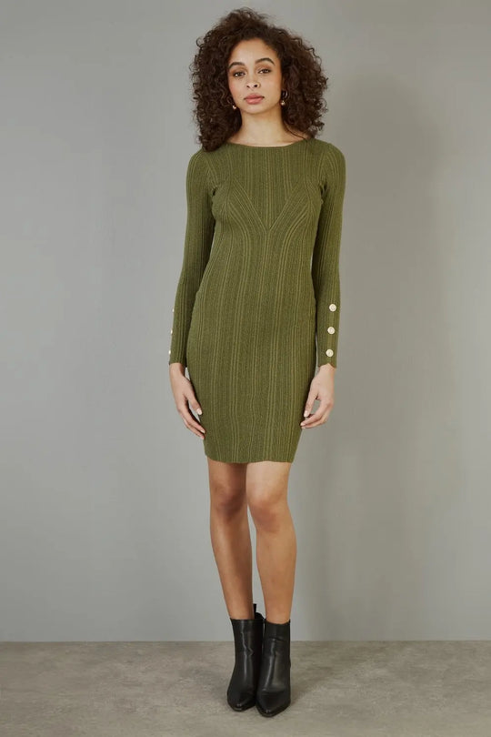 Green Shimmer Fitted Midi Dress With Button Yumi